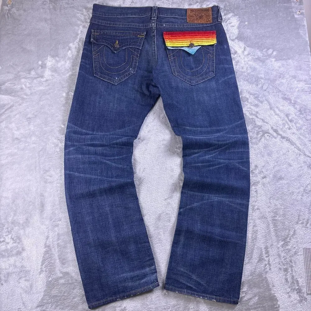 True Religion Ricky Baja Jeans Men’s 38 Blue Straight Leg Serape Pocket Denim